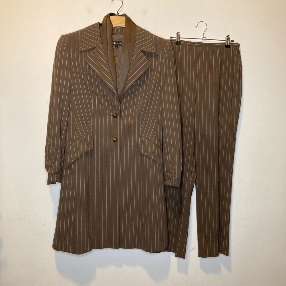 Escada Brown Pinstripe Long Jacket 3 Piece Suit